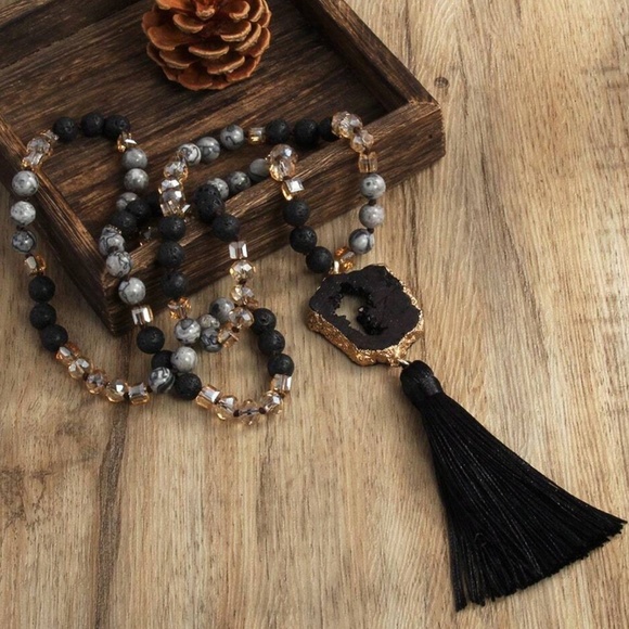Luxe Druzy Beaded Glass Knot Tassel Long Wrap Necklace - Picture 3 of 7